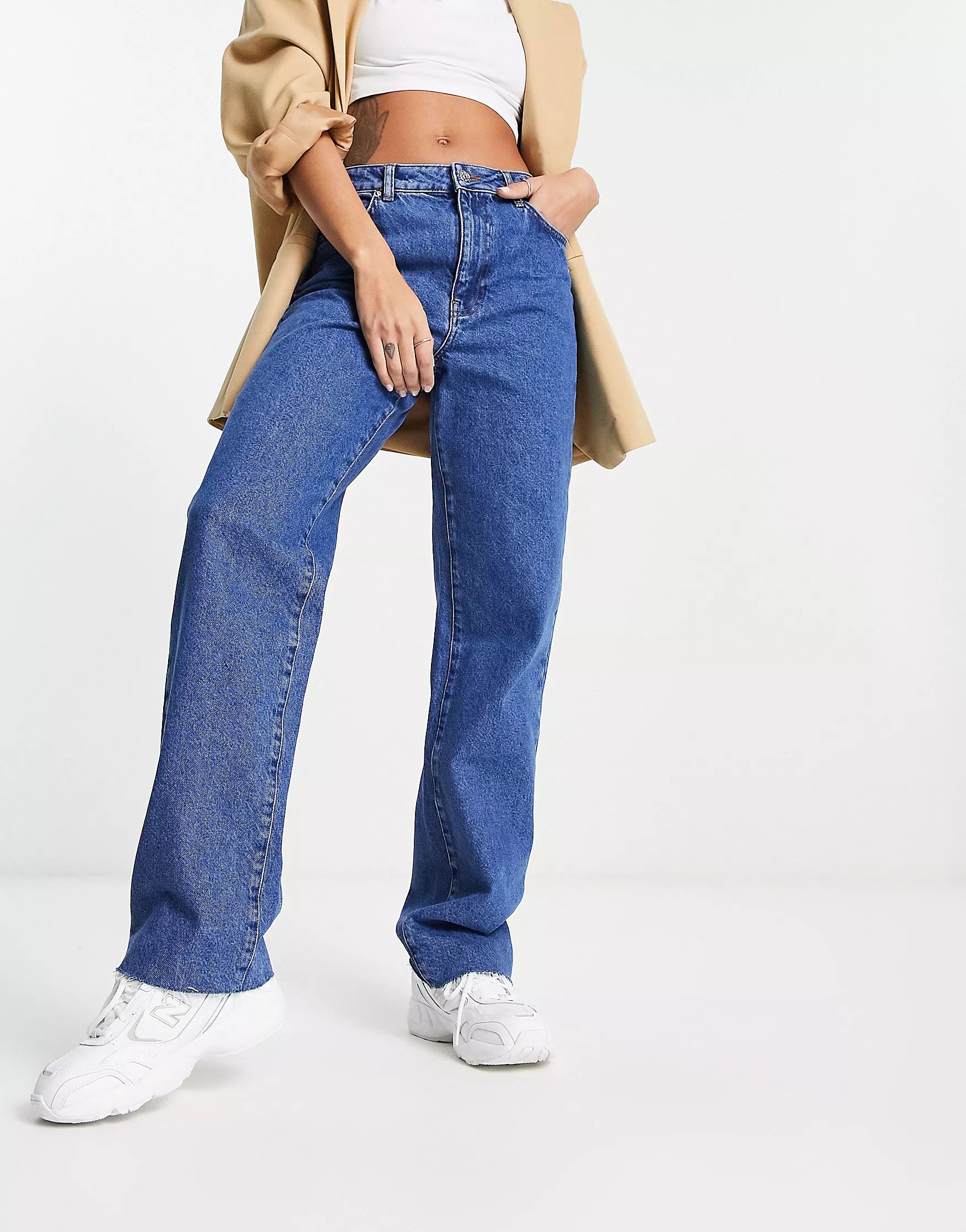 NA-KD x Rianne Meijer straight jeans with raw hem in blue wash | ASOS (Global)