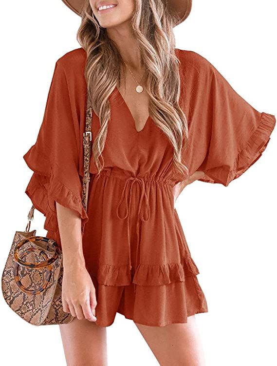 Valphsio Womens V Neck Beach Romper Ruffle Layered Drawstring Waisted Shorts Jumpsuit | Amazon (US)