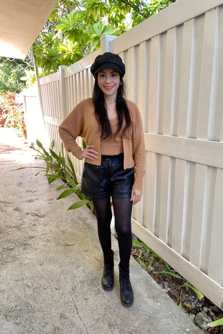 Cardigan and crop top set (Xsmall), faux leather shorts, black tights, combat boots, and newsboy cap. Amazon finds 

#LTKstyletip #LTKshoecrush #LTKunder50