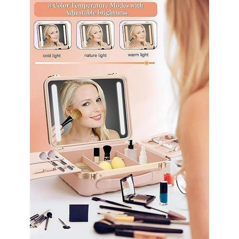 Kalolary Travel Makeup Train Cases with Lighted Mirror 3 Color Setting, Makeup Bag Cosmetic Case ... | Walmart (US)