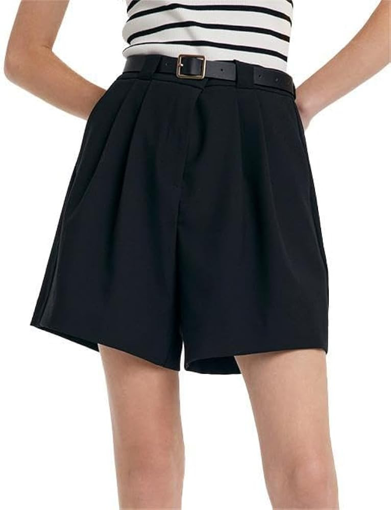 Black Elastic High Waisted Shorts for Women Wide Leg Loose A-Line Shorts with Belt and Pockets | Amazon (US)
