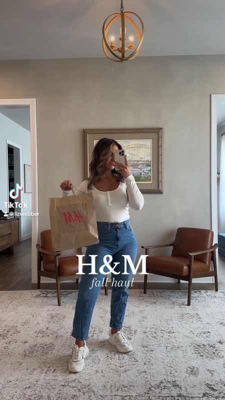 New for fall from H&M!!! High rise mom jeans, Henley top, striped sweater and cropped jacket top! 

Wearing a 6 in the jeans a large in the striped sweater and smalls in the other tops!

#LTKunder50 #LTKSeasonal #LTKunder100