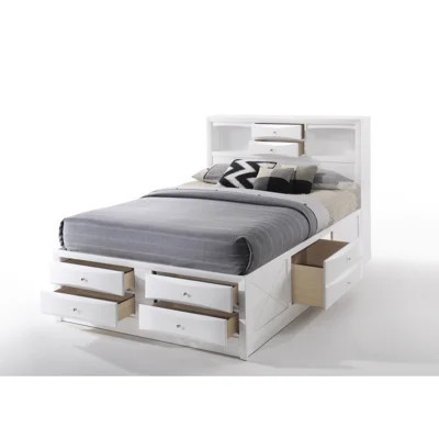 White Finish Queen Bed With Bookcase Headboard And 8 Storage Drawers, Metal Glide Drawer Function, Single Oval Pull Knob Hardware Rectangular Storage, | Wayfair North America
