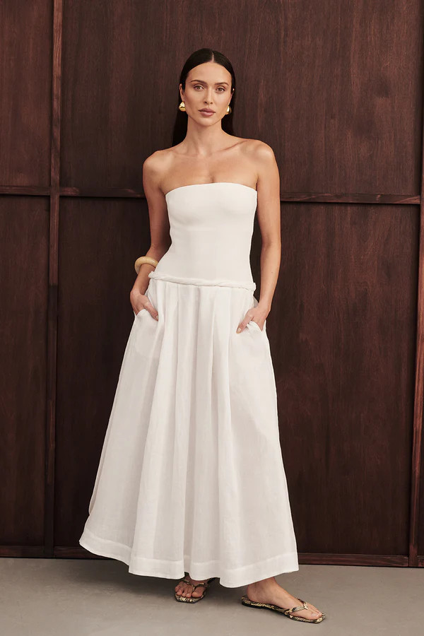 COCO WHITE STRAPLESS HYRBID MIDI DRESS | DISSH