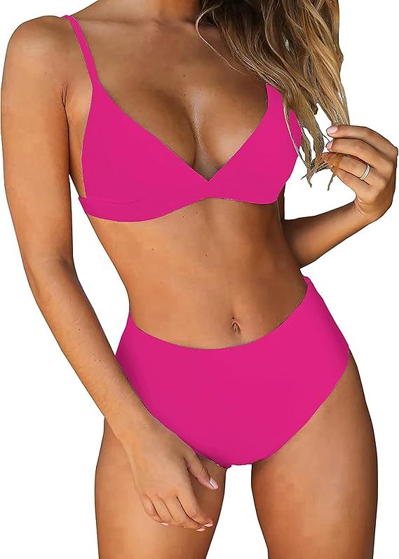 BTFBM Women's Bikini Sets 2023 Summer Two Piece Swimsuit High Waisted V Neck Triangle Bathing Sui... | Amazon (US)