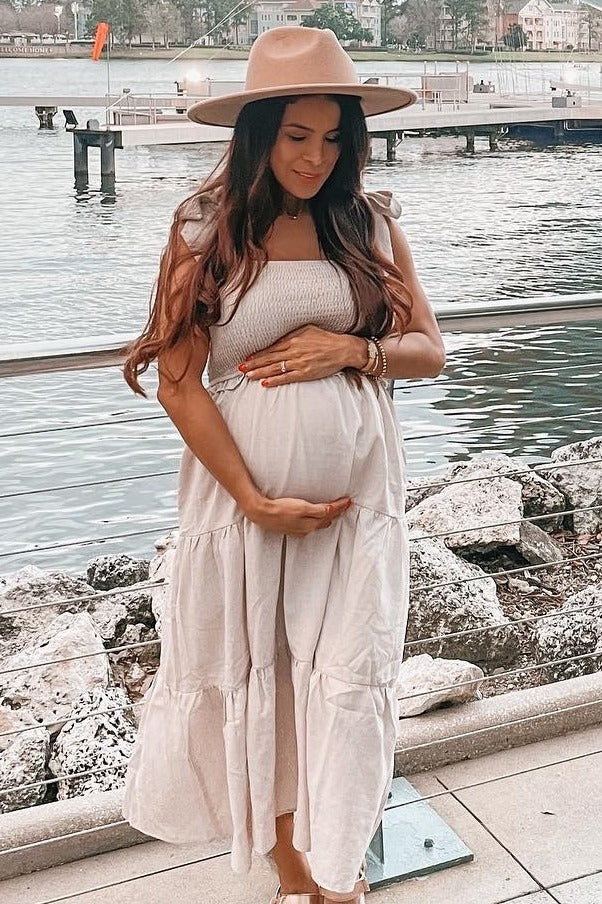 Beige Bow Strap Tiered Maternity Midi Dress | PinkBlush Maternity