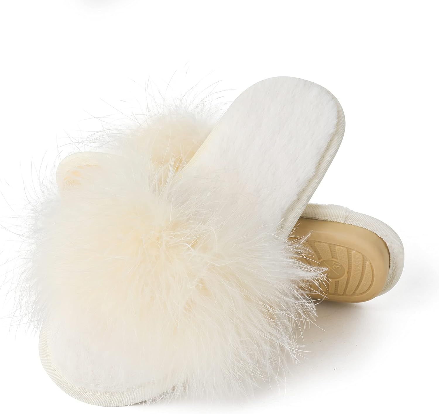 Amazon.com | Women's Furry Slippers Open Toe Fuzzy Slippers Memory Foam House Fur Slippers (Beige... | Amazon (US)