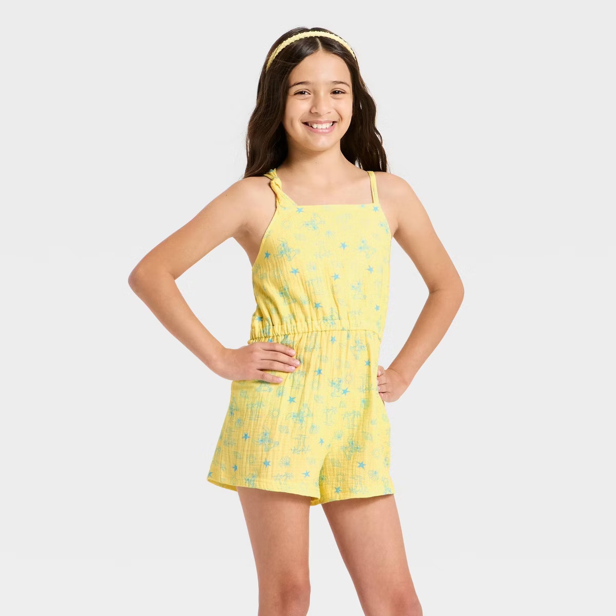 Girls' Disney Stitch Gauze Romper - Yellow XL | Target