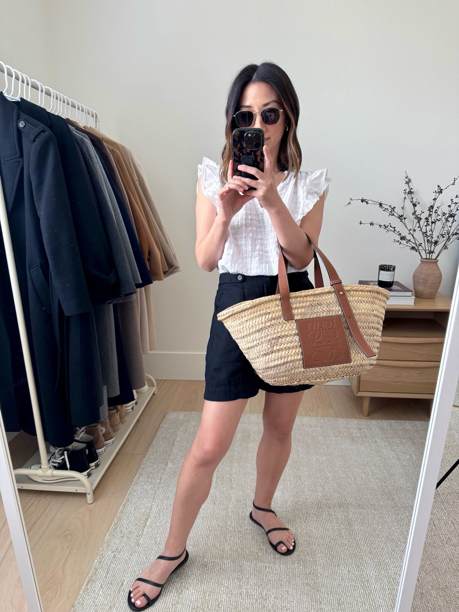 European travel capsule wardrobe outfit. 

Velvet ruffle top xs
Madewell linen black shorts xs (old)
Tkees sandals 5
Loewe medium raffia bag

Petite style, capsule wardrobe

#LTKootd #LTKPetite #LTKSeasonal