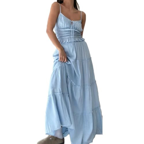 Women Y2K 2 Piece Skirt Set Spaghetti Strap Cropped Cami Ruffle Tiered Flowy Maxi Skirt Vacation Beach Outfits | Amazon (US)