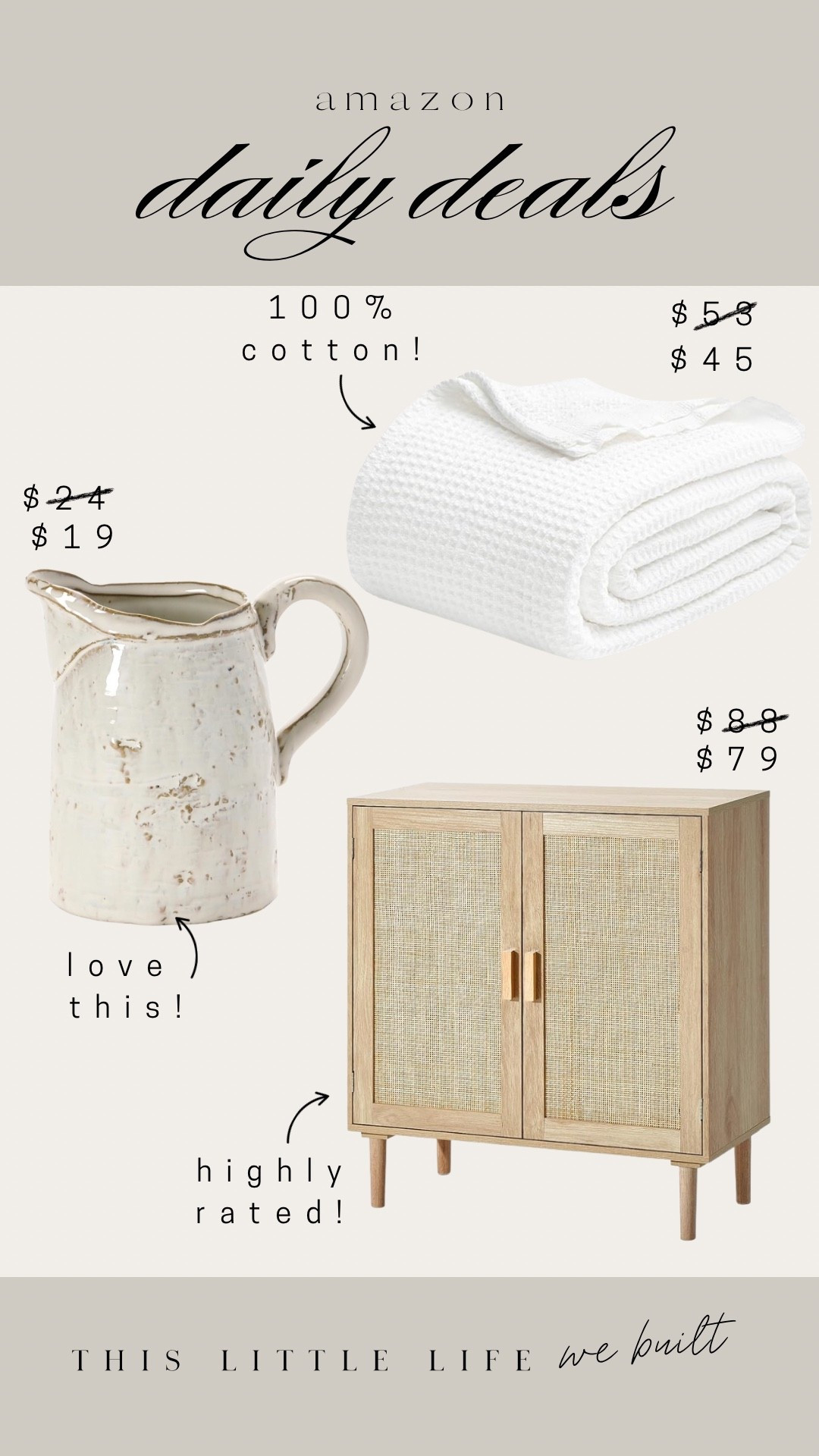 Amazon daily deals! 


Buffett cabinet, cotton bed blanket, pitcher 

#LTKSaleAlert #LTKU #LTKHome