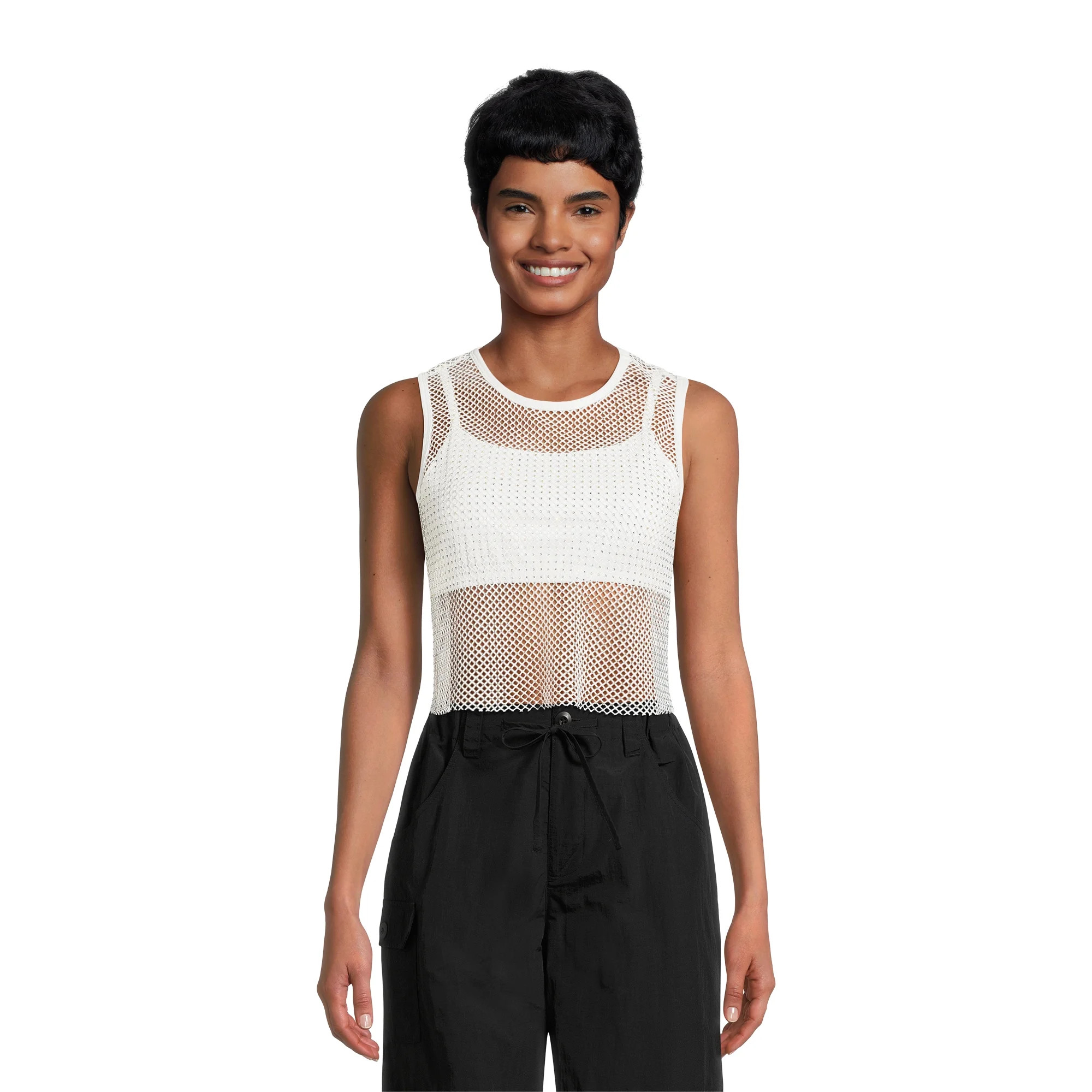Madden NYC Juniors and Juniors Plus Rhinestone Mesh Tank Top, Sizes XS-4X | Walmart (US)