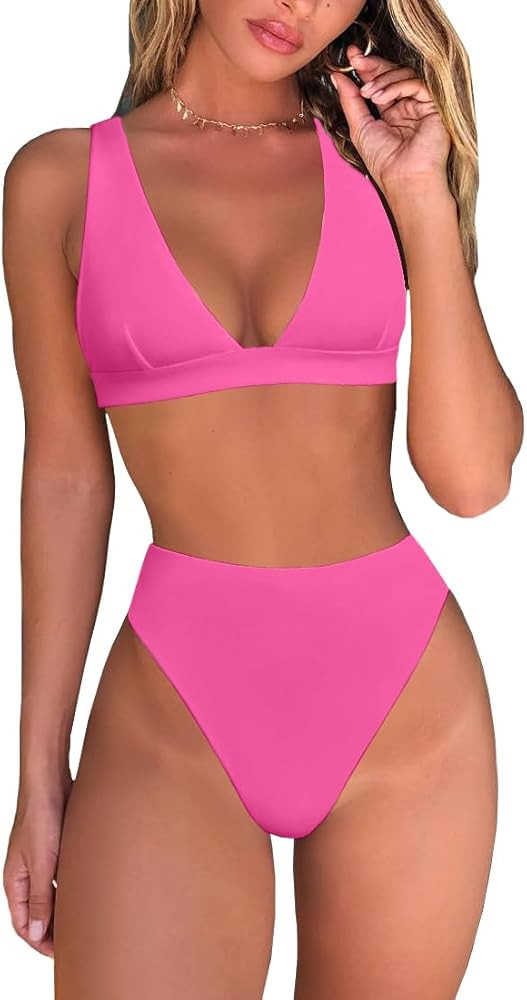 Womens High Waisted Thong Bikini Sets Sexy Brazilian Triangle Top Deep V Neck Two Piece Swimsuit ... | Amazon (US)