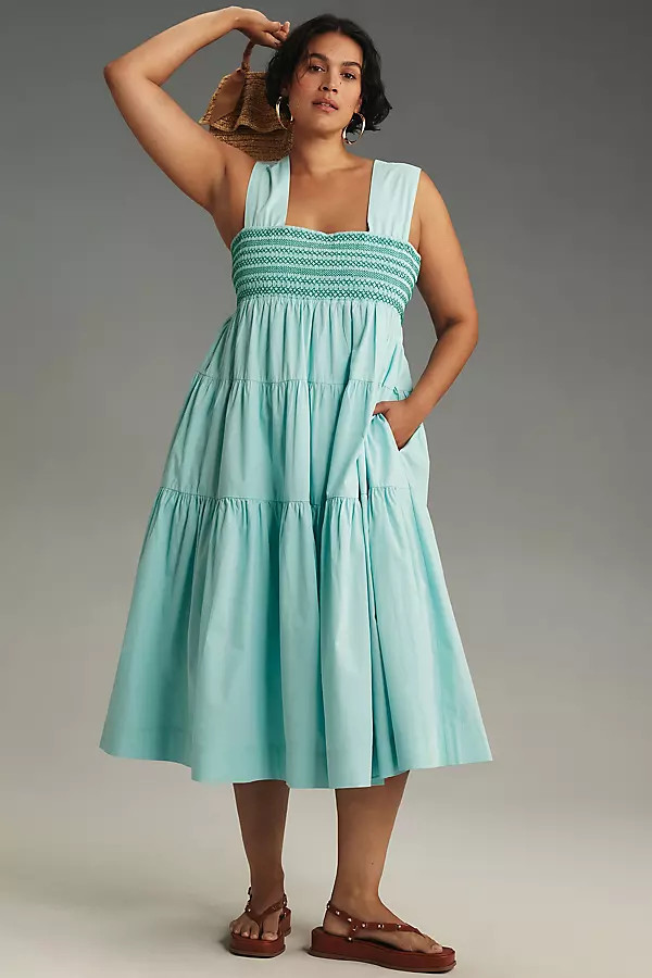 By Anthropologie Square-Neck Smocked Tiered Midi Dress | Anthropologie (US)