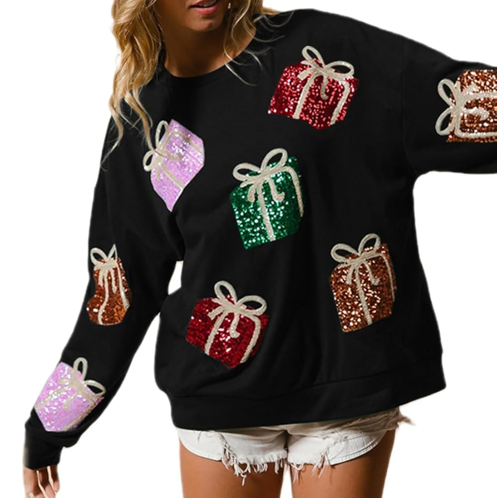 UAURORAO Women Glitter Christmas Sweatshirts Oversized Sequin Funny Shirts Long Sleeve Sparkly Xm... | Amazon (US)