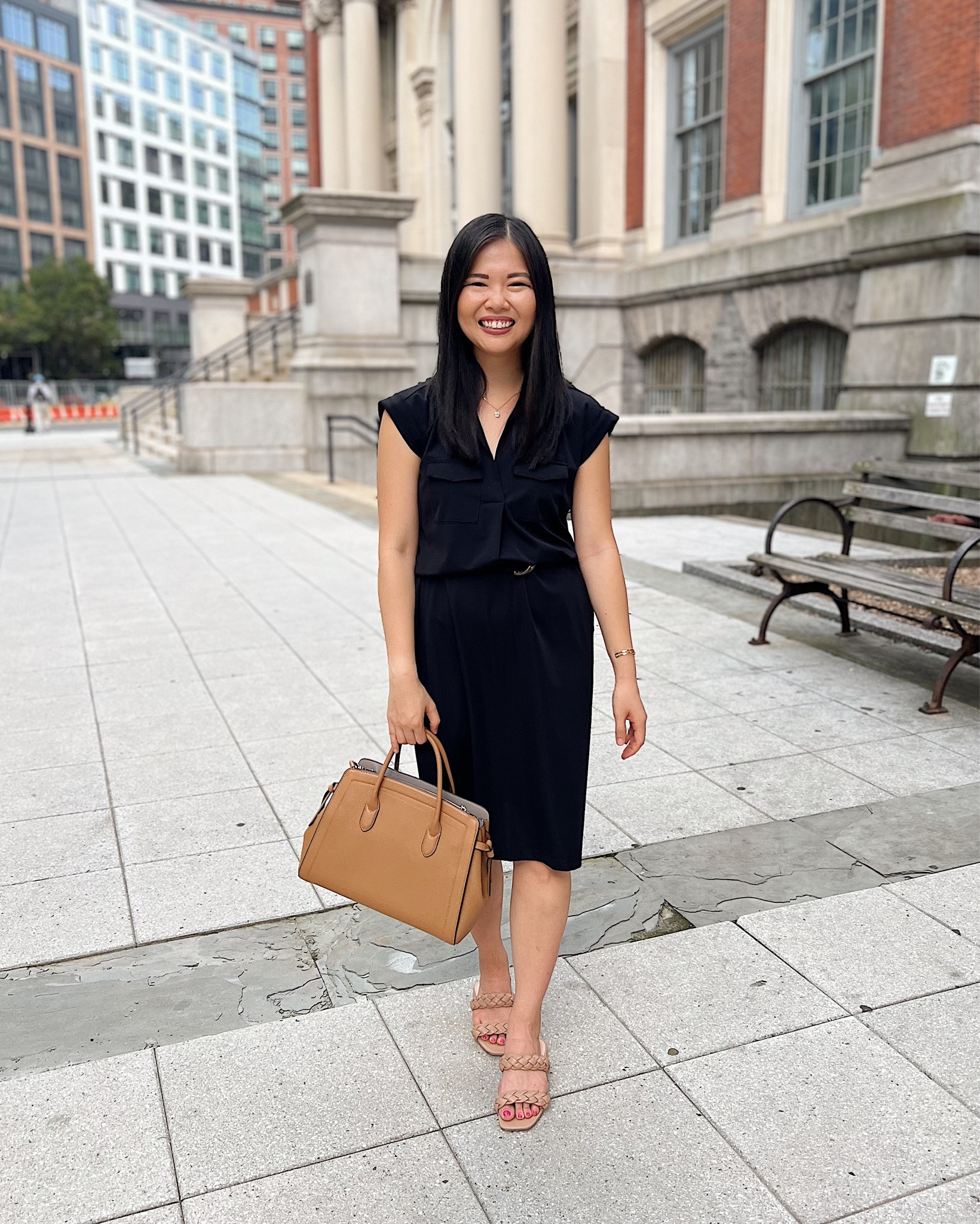 black dress with brown bag Amoria Leather Bag in Dark Brown