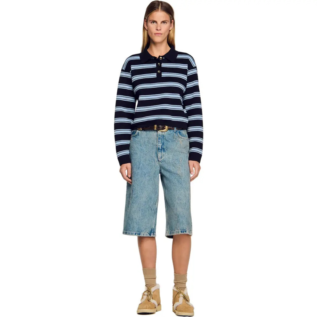 SANDRO Striped polo sweater in Navy Blue at Nordstrom, Size Large | Nordstrom