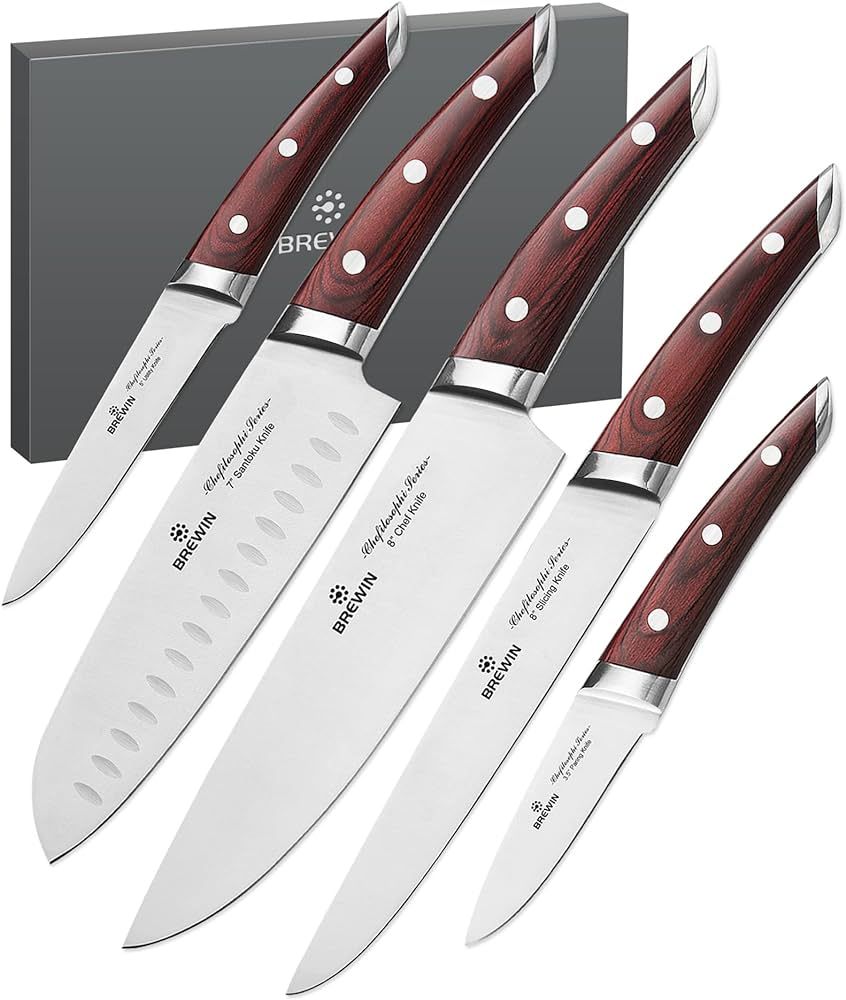 Brewin CHEFILOSOPHI Japanese Chef Knife Set 5 PCS with Elegant Red Pakkawood Handle Ergonomic Des... | Amazon (US)