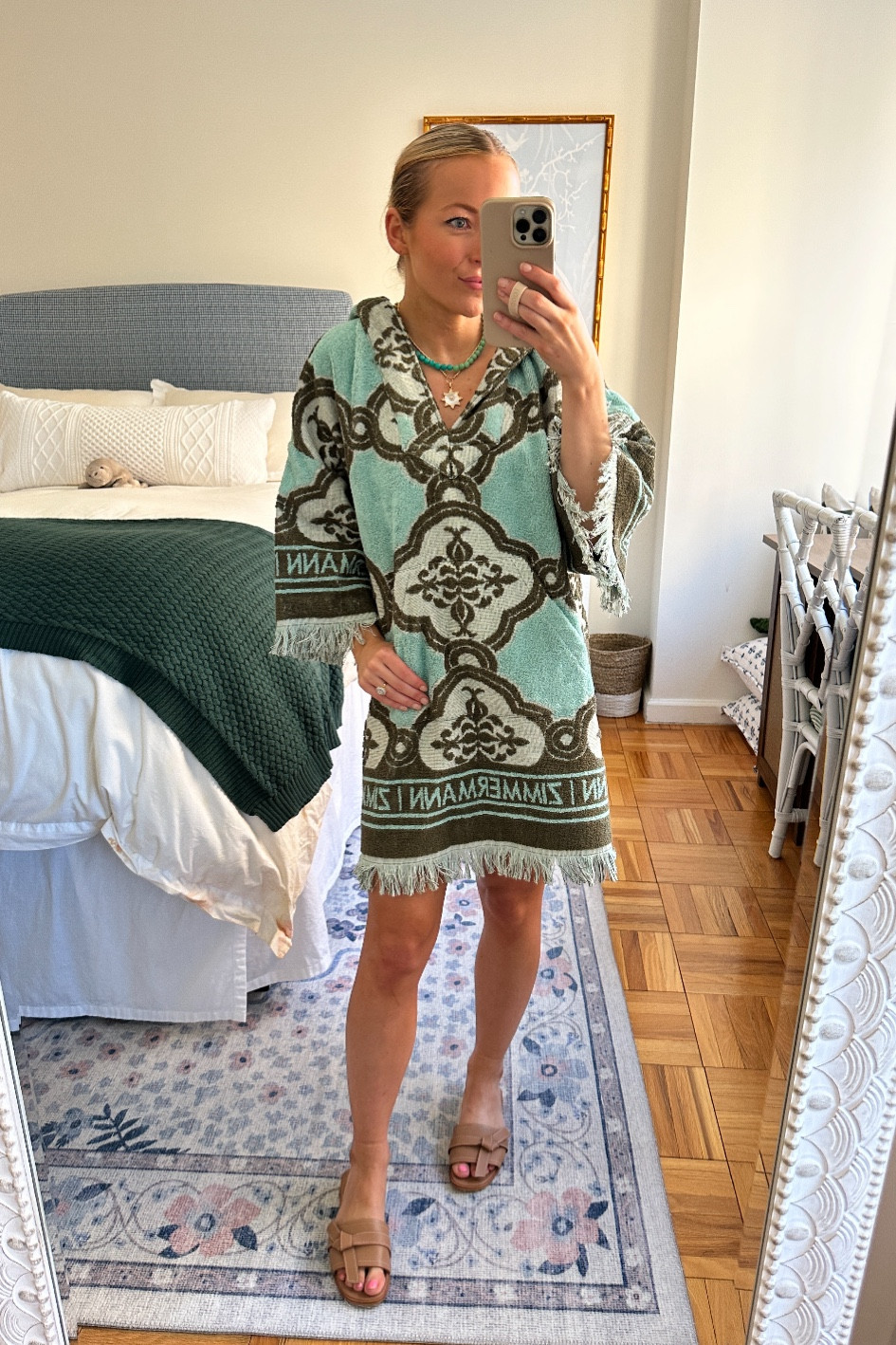 Zimmerman terry coverup, tan leather slip on sandals, beaded stone necklace and Soru pendant 

#LTKstyletip #LTKtravel #LTKswim