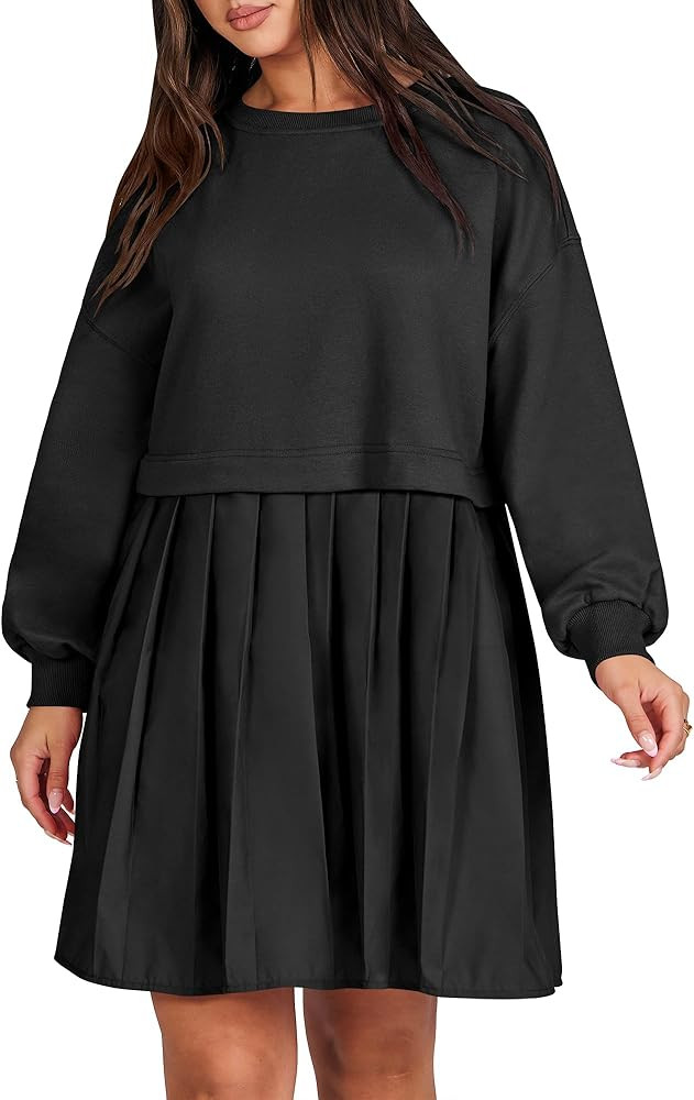 ANRABESS Women Oversized Sweatshirts Hoodie Dress Long Sleeve Crewneck Casual Baggy Patchwork Ple... | Amazon (US)