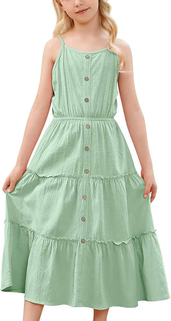 GERU Girls Summer Spaghetti Strap Tiered Dress Casual A-Line Flowy Maxi Sundress with Pocket 3-12... | Amazon (US)