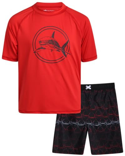iXtreme Boys' Rash Guard Set - 2 Piece UPF 50+ Quick Dry Swim Shirt and Swim Trunks - Baby Toddler Rash Guard (Sizes: 12M-14), Size 5, Red Big Shark | Amazon (US)