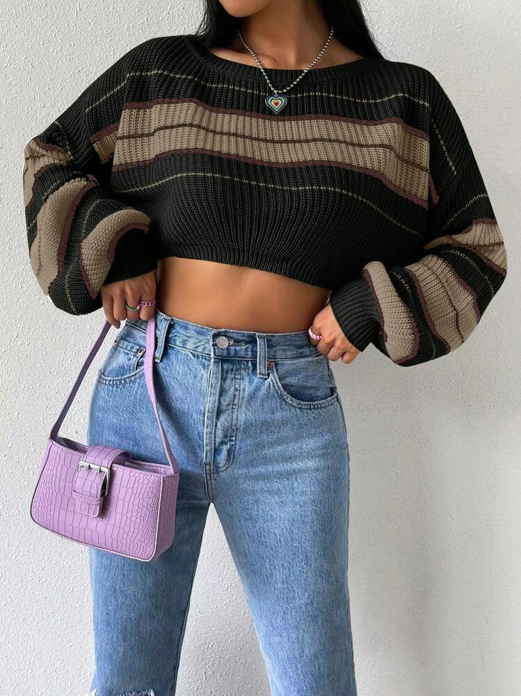 Zielony Women Crew Neck Long Sleeve Stripe Simple Short Casual Pullover Sweater,Long Sleeve Tops ... | SHEIN