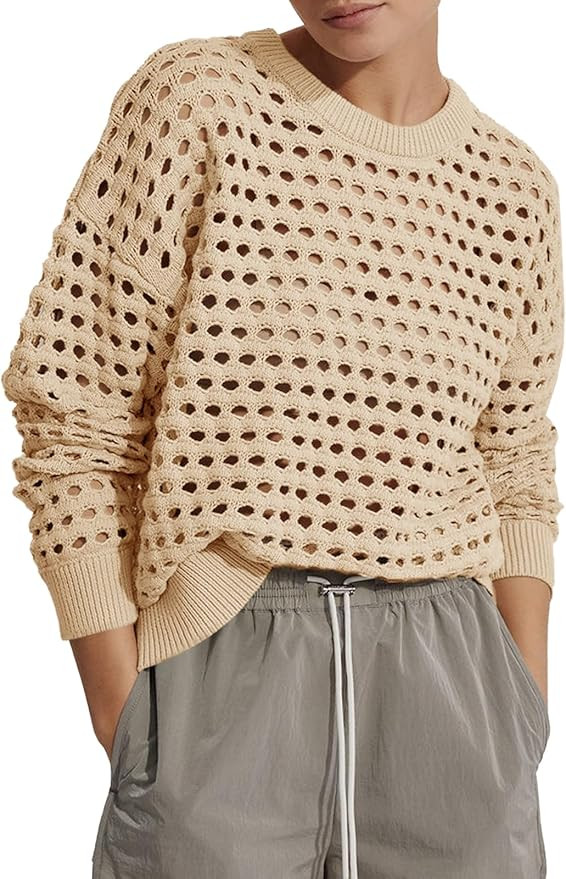 Langwyqu Womens Oversized Crochet Sweaters Trendy Sexy Knit Cotton Crew Neck Long Sleeve Hollow O... | Amazon (US)