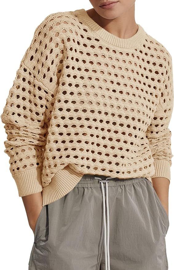 Langwyqu Womens Oversized Crochet Sweaters Trendy Sexy Knit Cotton Crew Neck Long Sleeve Hollow O... | Amazon (US)