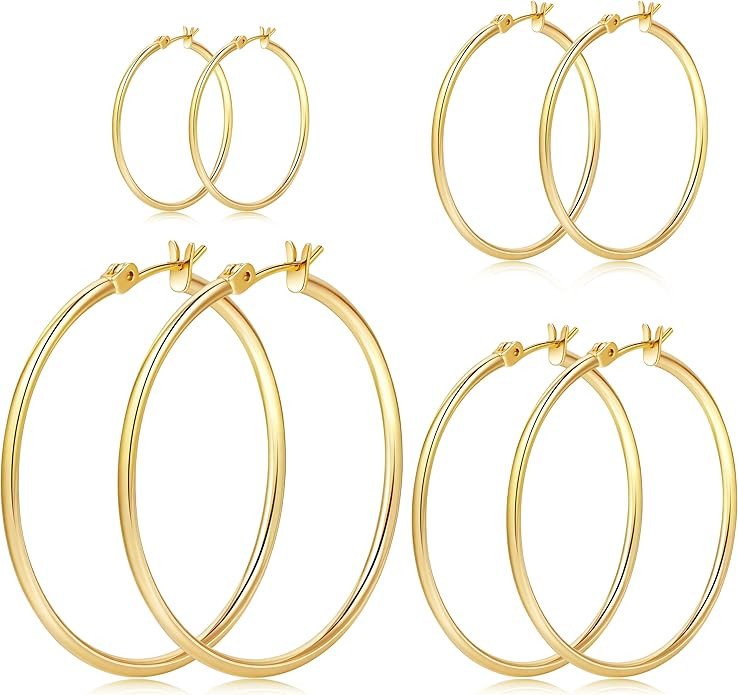 Gold Hoop Earrings Set for Women,14k Gold Plated Gold Hoops with Sterling Silver Post Hypoallerge... | Amazon (US)