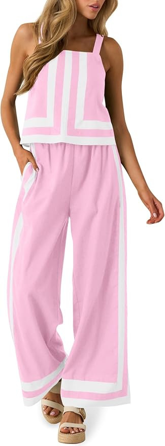 Tankaneo Womens 2 Piece Lounge Set Summer Casual Color Block Cami Top Wide Leg Pants Set Beach Va... | Amazon (US)
