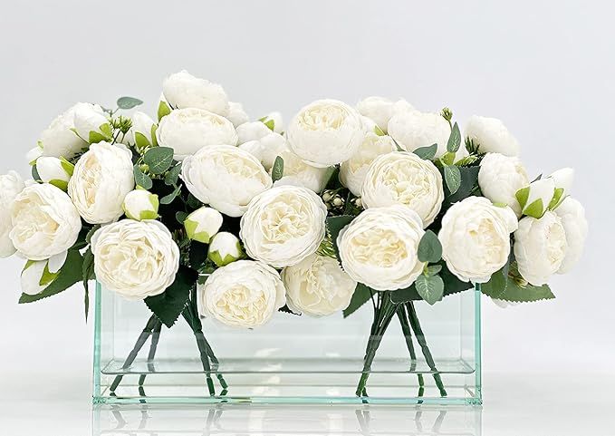Modern Long White Rose Peony Arrangement, Artificial Faux Centerpiece Floral Flower Arrangement, ... | Amazon (US)