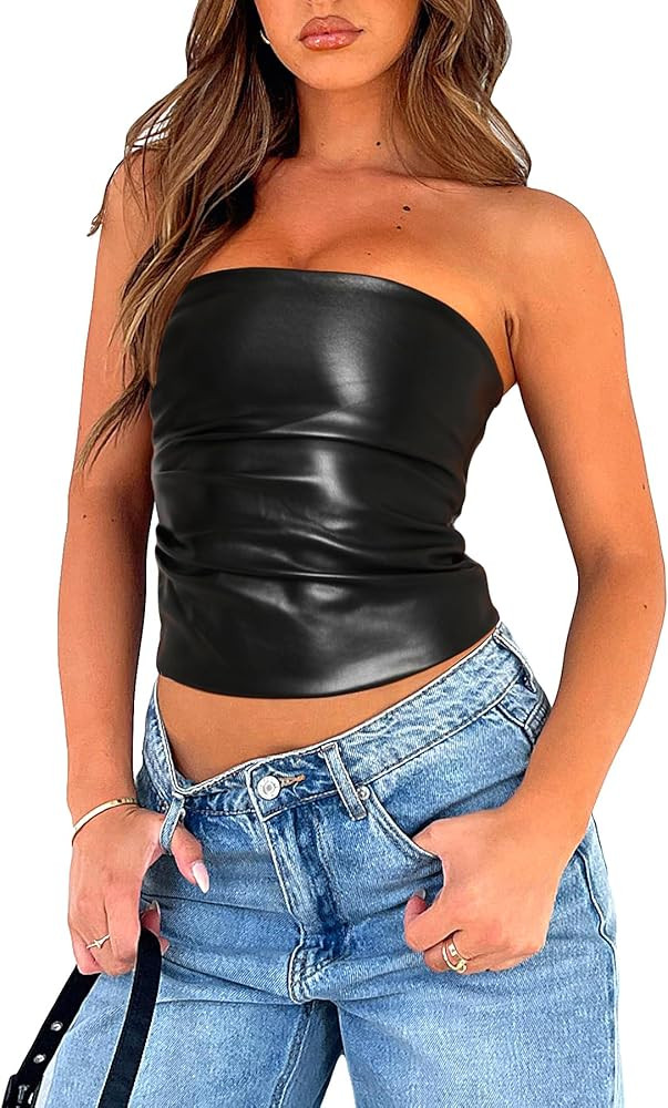Women Faux Leather Top Sexy Ruched Strapless Tube Tops Club Party Rave Top Going Out Tops | Amazon (US)