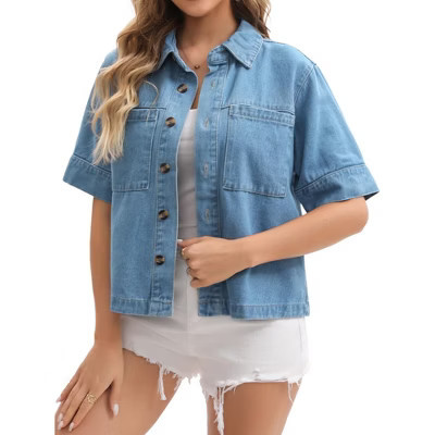 INSPIRE CHIC Women's Short Sleeve Denim Button Down Turndown Collar Casual Jean Jackets Light Blue Medium | Target