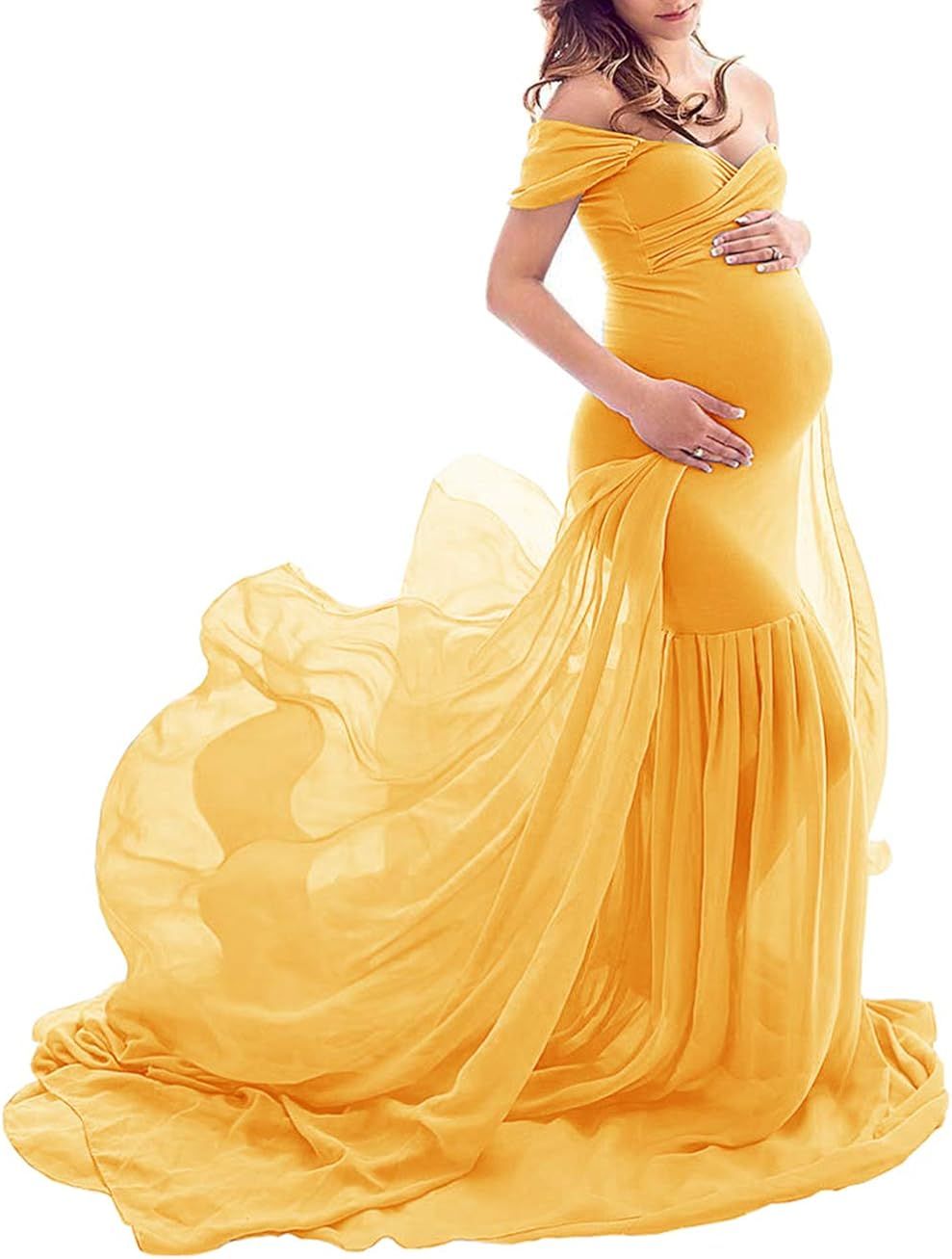 ZIUMUDY Maternity Off Shoulder Mermaid Chiffon Gown Maxi Photography Dress Baby Shower Photo Prop... | Amazon (US)