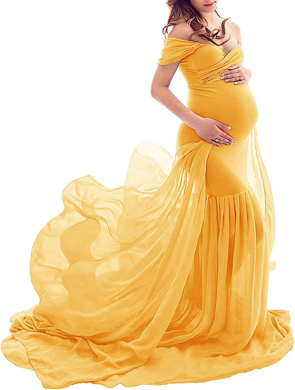 ZIUMUDY Maternity Off Shoulder Mermaid Chiffon Gown Maxi Photography Dress Baby Shower Photo Prop... | Amazon (US)