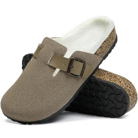 Northblanc Suede Clogs for Women Fur Lined Adjustable Buckle Slip-on Cork Footbed Mules Slippers with Antislip Sole | Walmart (US)