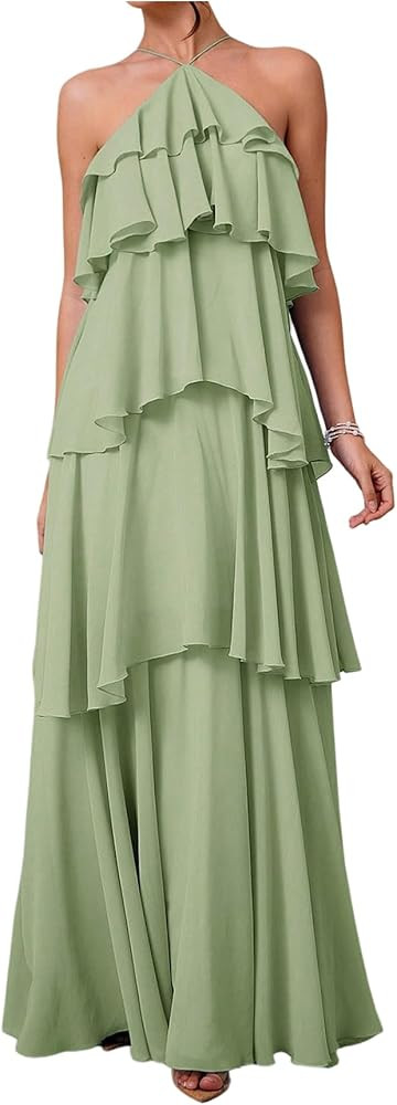 SOLY HUX Women's Sundresses Ruffle Layered Halter Flowy Maxi Dress Elegant Wedding Guest Dresses | Amazon (US)