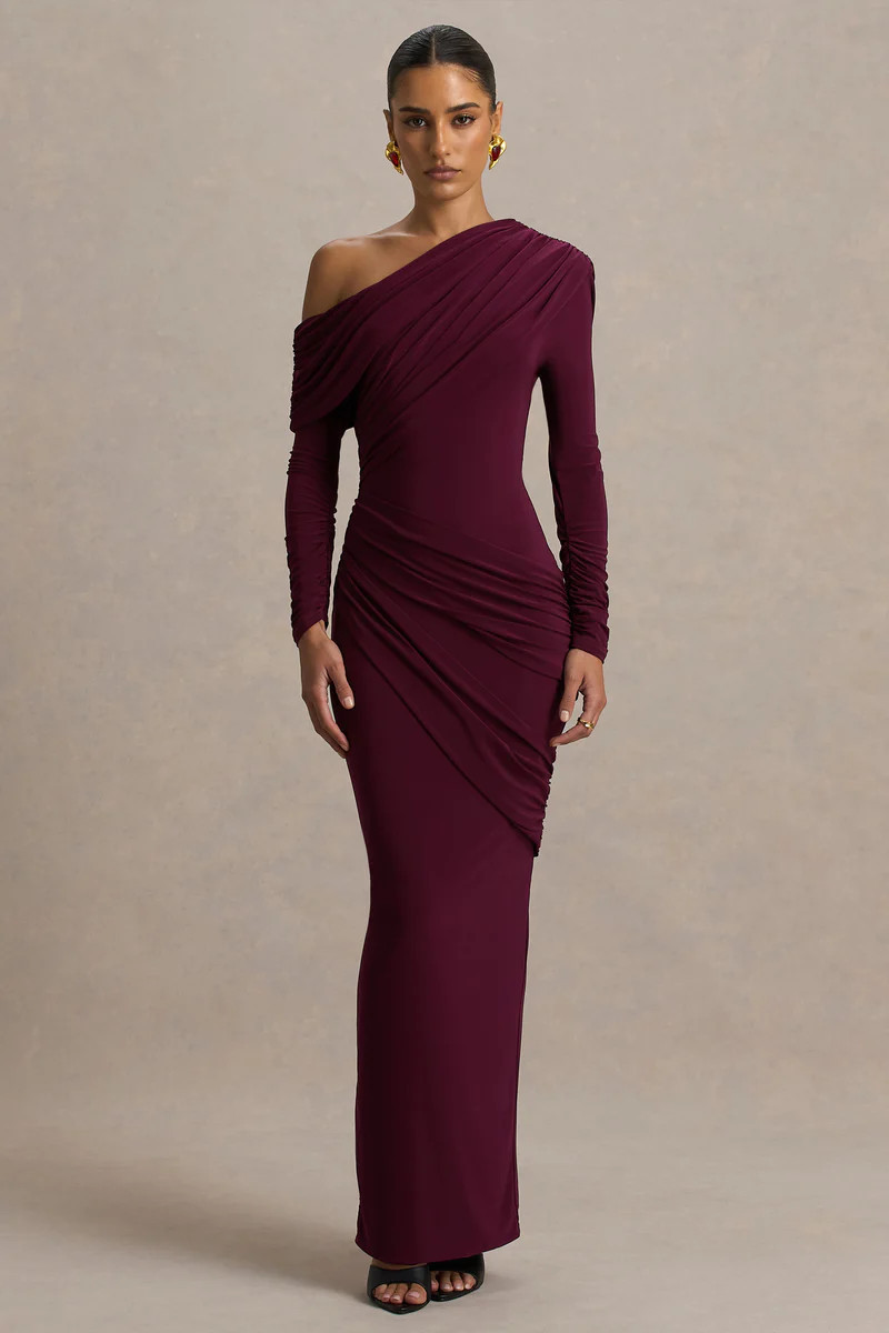 Perrie | Burgundy Asymmetric-Neck Maxi Dress With Ruched Detailing | Club L London