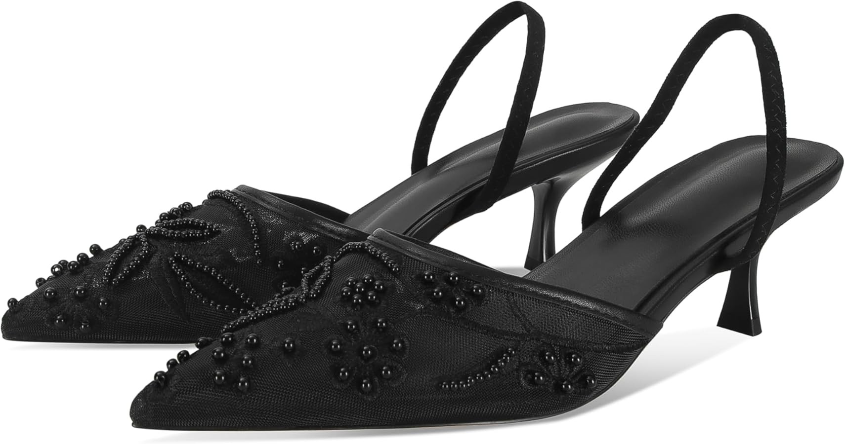 Embroidered Kitten Heels for Women Pointed Toe Mesh Floral Slingback Heeled Sandals With Pearl Sl... | Amazon (US)