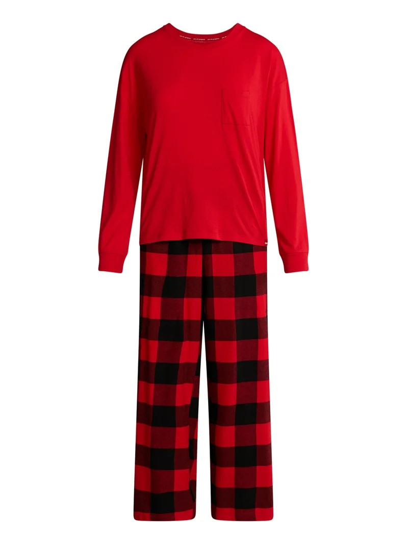 Joyspun Women's Long Sleeve Top and Flannel Pants Pajama Set, 2-Piece, Sizes XS-3X | Walmart (US)