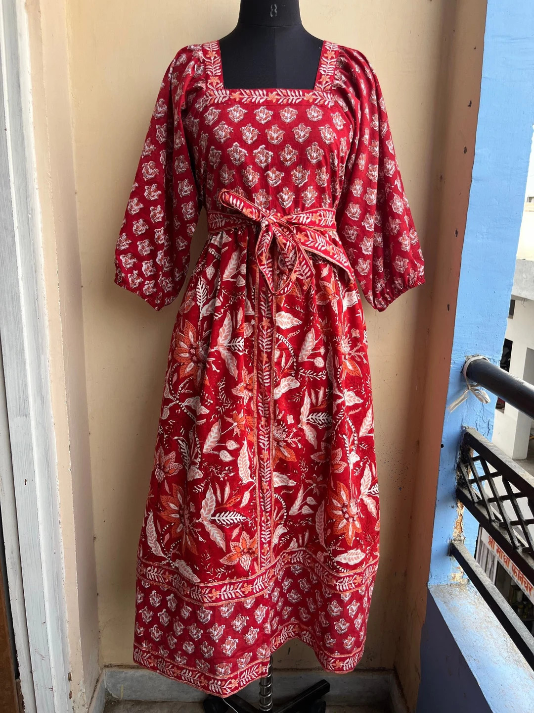 Red Block Print Cotton Maxi Dress | Handmade Indian Floral Dress with Waist Tie | Boho Summer Dre... | Etsy (US)