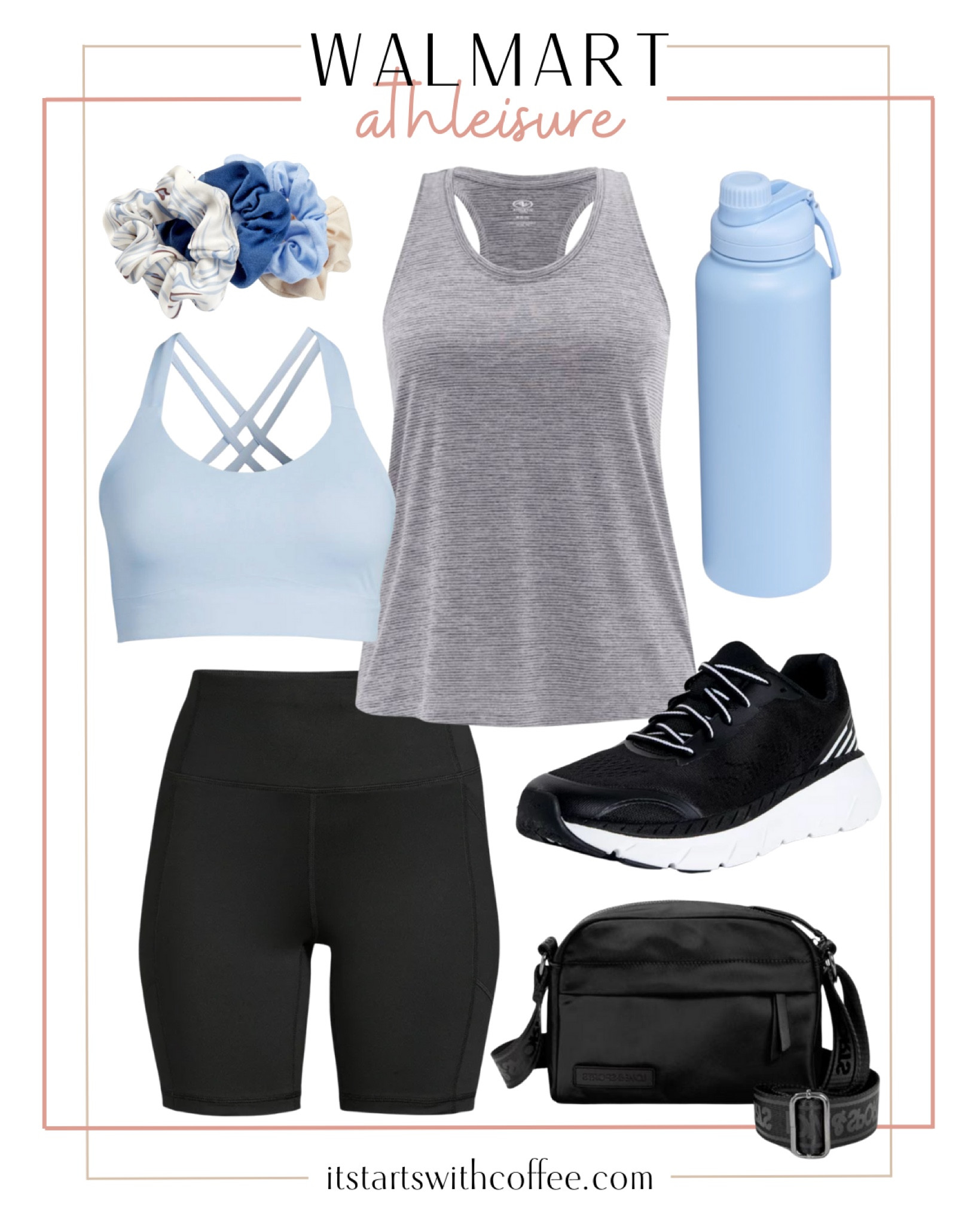 Walmart athleisure outfit includes bike shorts, grey tank, black sneakers, belt bag, scrunchie set, blue sports bra, and waterbottle.

Casual outfit, everyday outfit, exercise outfit, mom outfit, outfit idea, Walmart finds

#LTKunder50 #LTKfit #LTKstyletip
