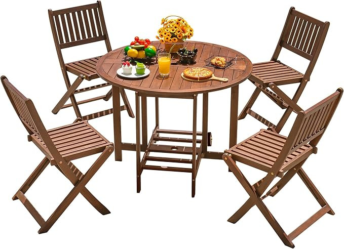 Devoko 5 PCS Patio Furniture, Patio Dining Set Acacia Wood Outdoor Table and Chairs, with 4 Foldi... | Amazon (US)