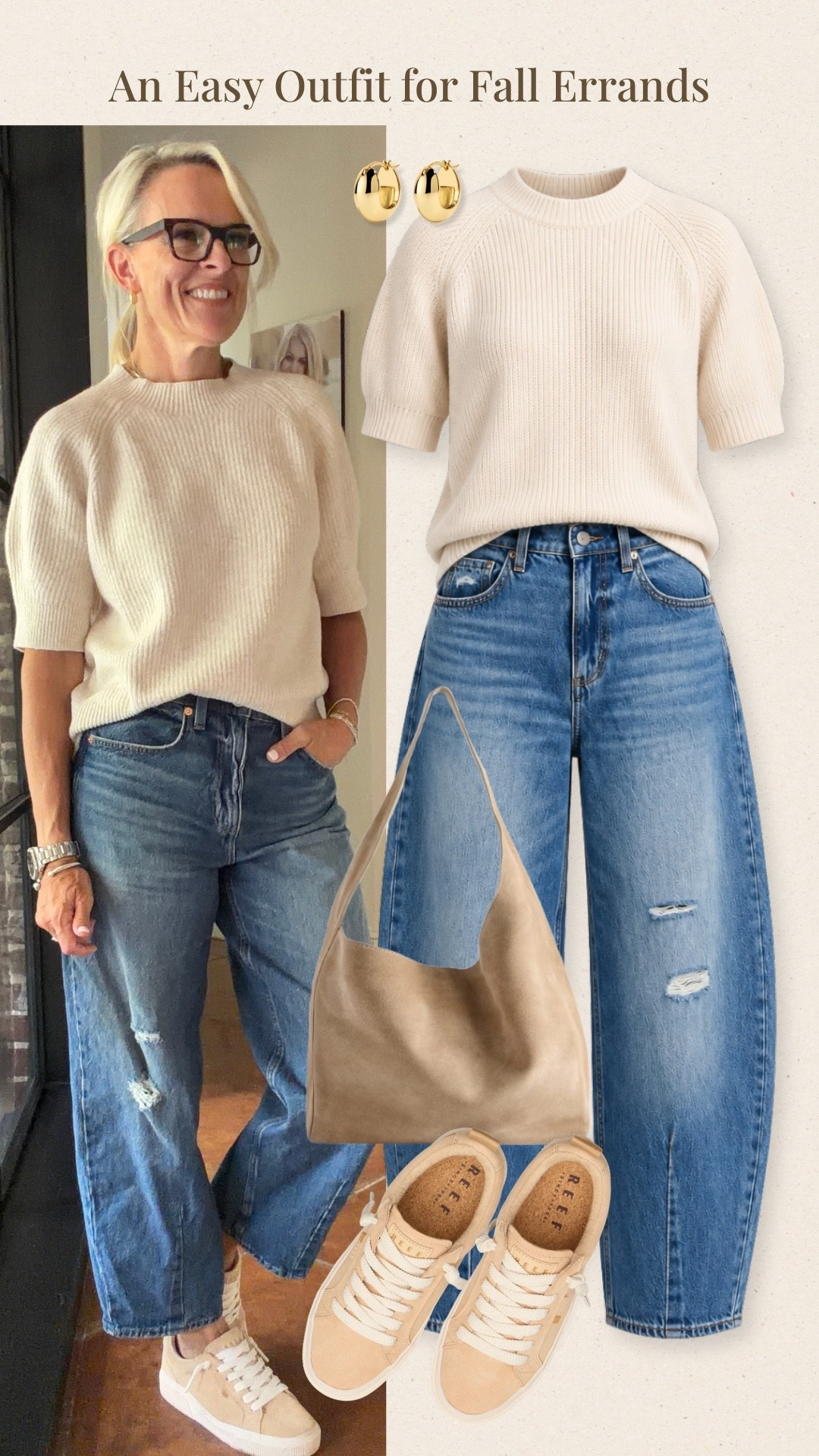 A cream ribbed sweater and relaxed blue jeans make such an easy fall outfit. I love the contrast of the soft neutral sweater with denim, finished with simple beige sneakers and a taupe bag for a comfortable, everyday look.

#LTKootd #LTKOver40 #LTKgrwm