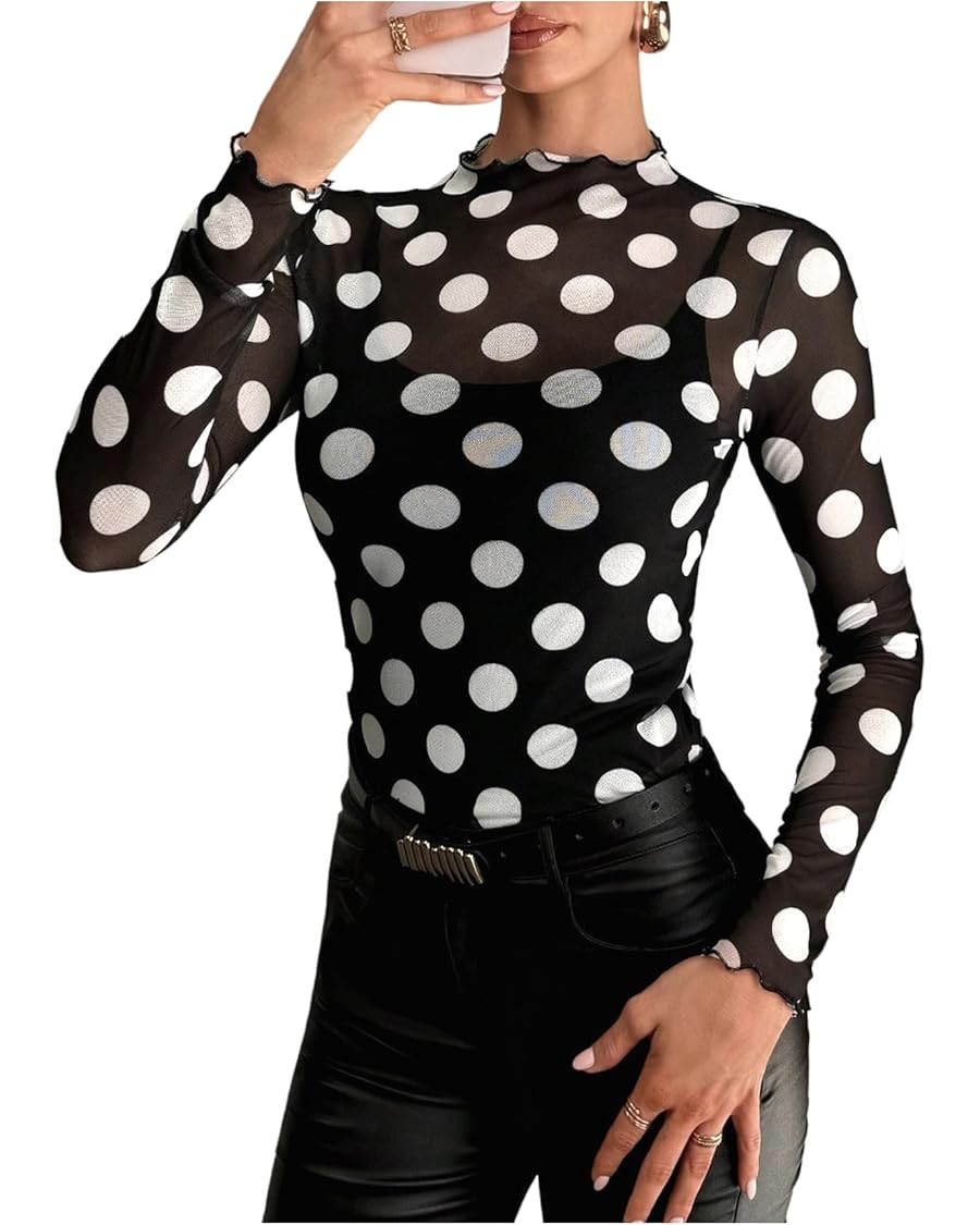GORGLITTER Women's Polka Dots Mesh Sheer Top Long Sleeve See Through Mock Neck T Shirt Going Out ... | Amazon (US)