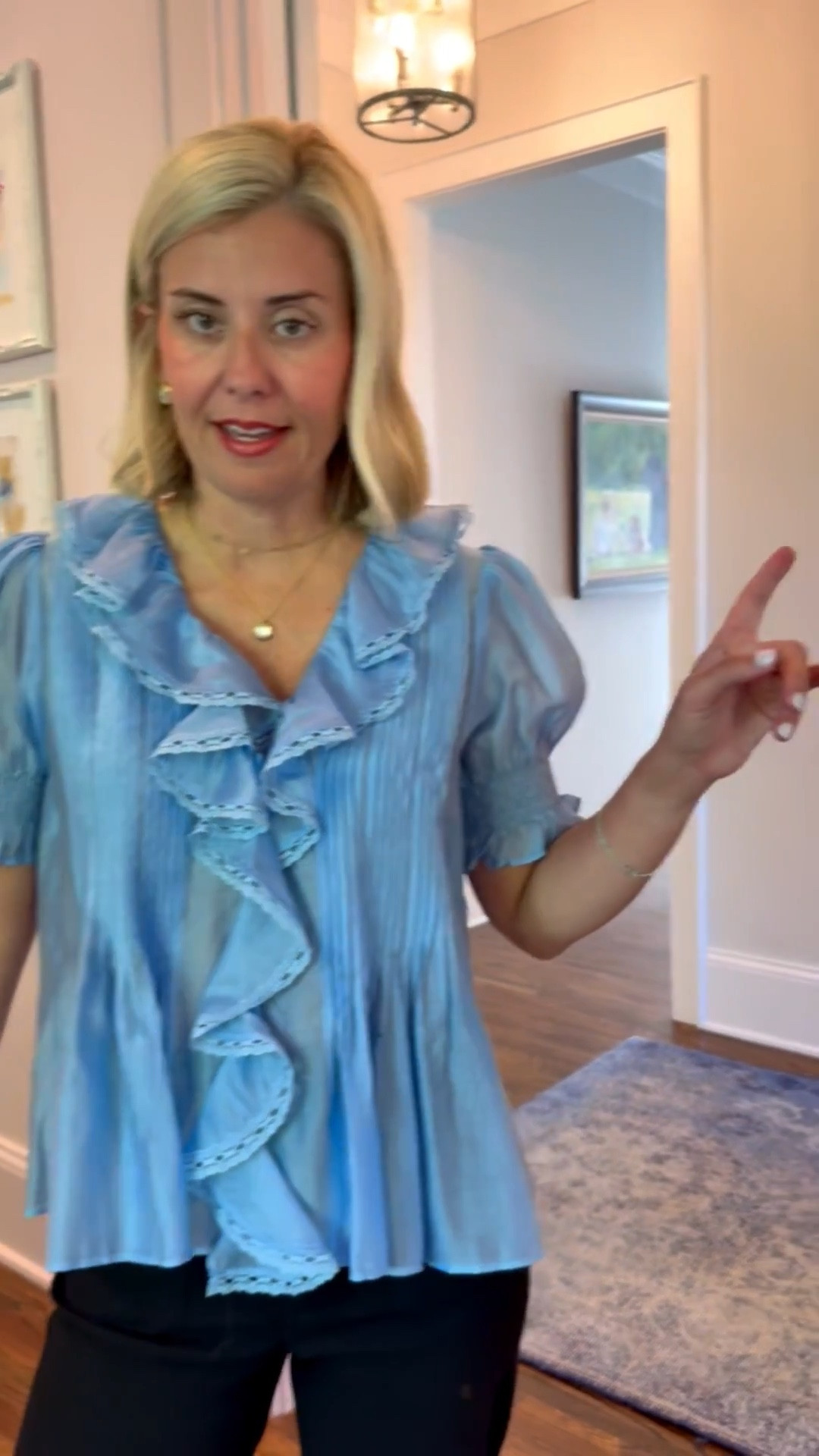 When I say statement top, I mean look for the details. Yes, it’s just blue, but look at ruffles, the tucks, the swing style…this one checks all the boxes. I’m wearing a size small. ￼

#LTKOver40 #LTKdayinmylife #LTKSeasonal