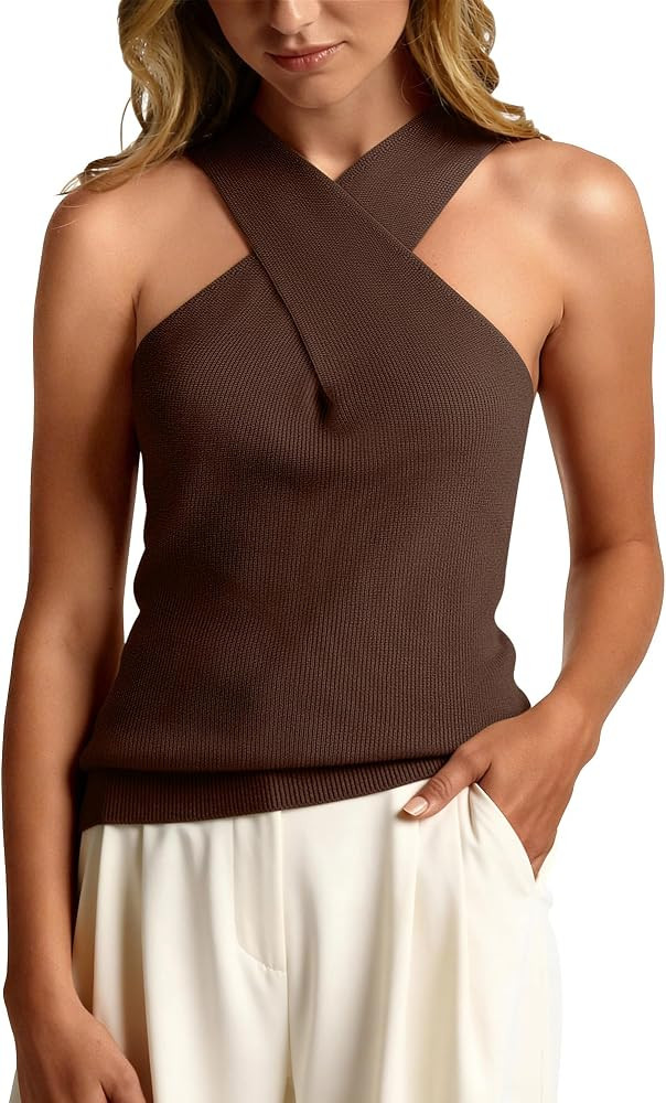 MOHHOM Women's Halter Neck Crossover Sleeveless Ribbed Knit Tank Top Slim Fit Casual Summer Basic... | Amazon (US)
