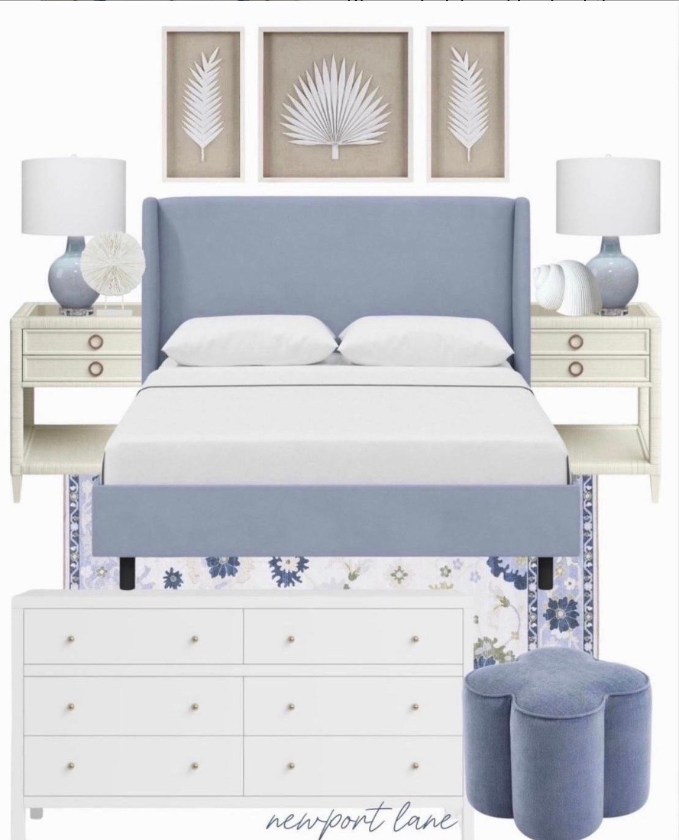 If a coastal bedroom could be a vibe, it would be this one 🤍 Blue upholstered bed, white rattan nightstands, crisp white dresser, blue lamps, and all the little coastal accents that pull it all together. The best part? It’s all shoppable and linked below! @Wayfair