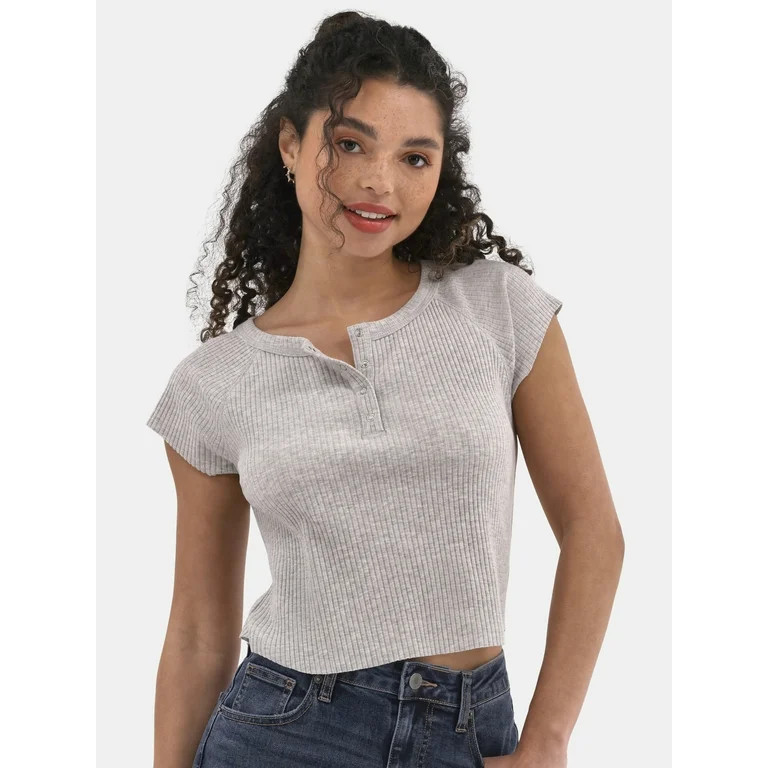 No Boundaries Snap Henley Tee with Short Sleeves, Women's | Walmart (US)